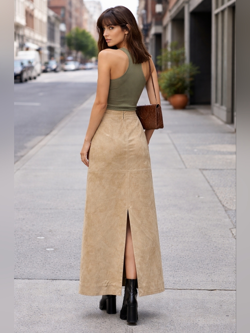 Vintage Lord & Taylor 100% Suede Leather Maxi Skirt Beige/Tan Fully Line Size 10 - Picture 5 of 9